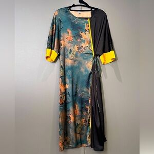 Flowing Maxi faux wrap dress with Chinese landscape pattern NWOT